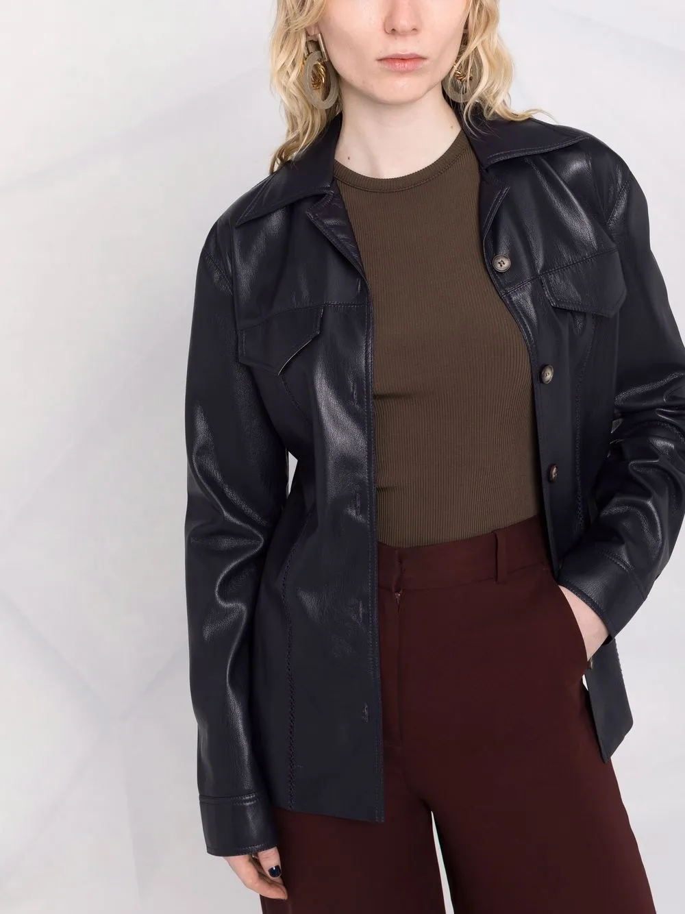 Nanushka Long-sleeved Faux-leather Shirt In Blue