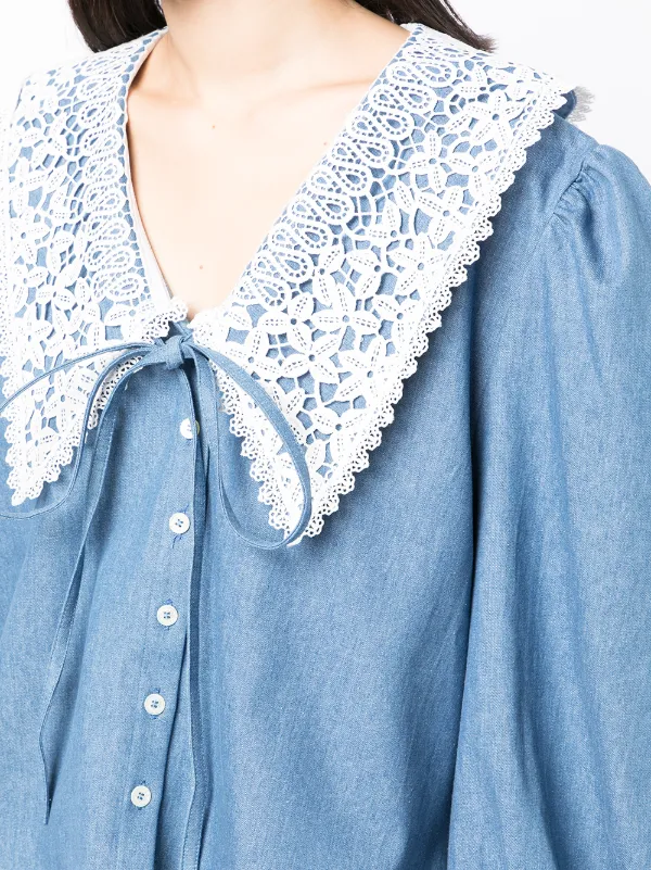 Rokh oversize-collar lace-trim Denim Blouse - Farfetch