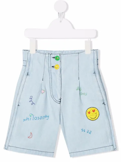 Philosophy Di Lorenzo Serafini Kids شورت جينز مطرز بخياطة متباينة اللون 