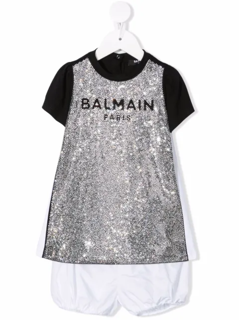 Balmain Kids بدلة بشورت بطبعة شعار الماركة ومزينة بحجر الراين