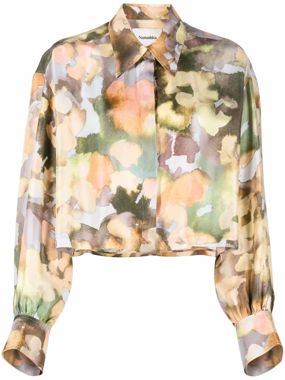 

Nanushka watercolour-print silk cropped shirt - Green