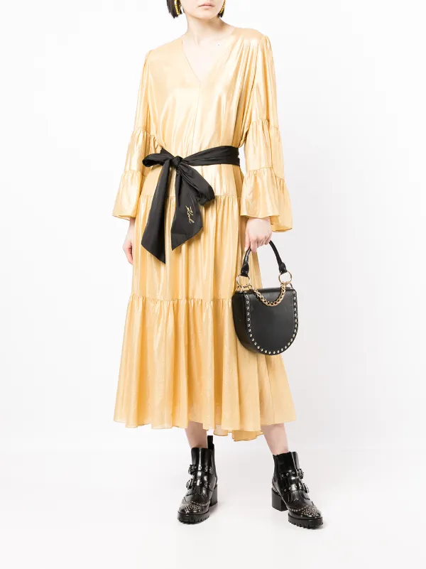 karl lagerfeld gold dress Women's metallic tied-waist illusion neckline dress