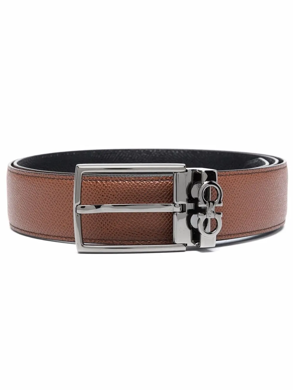 Ferragamo Leather Belt With Reversible Metal Hardware In Brown