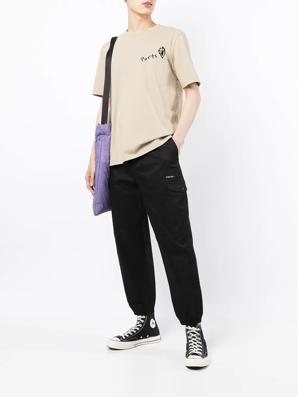 Ports V T-shirt met logoprint - Bruin