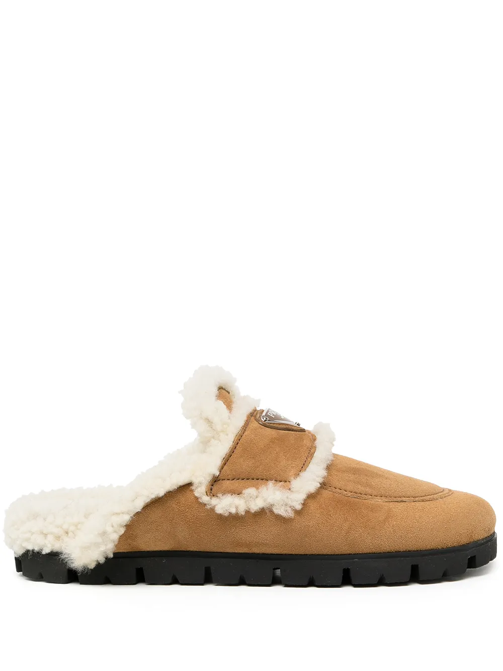 

Prada triangle-plaque shearling slippers - Brown