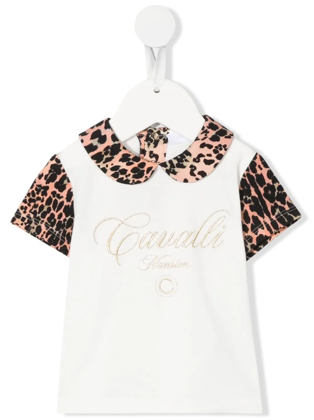 

Roberto Cavalli Junior playera con logo bordado y estampado de leopardo - Blanco