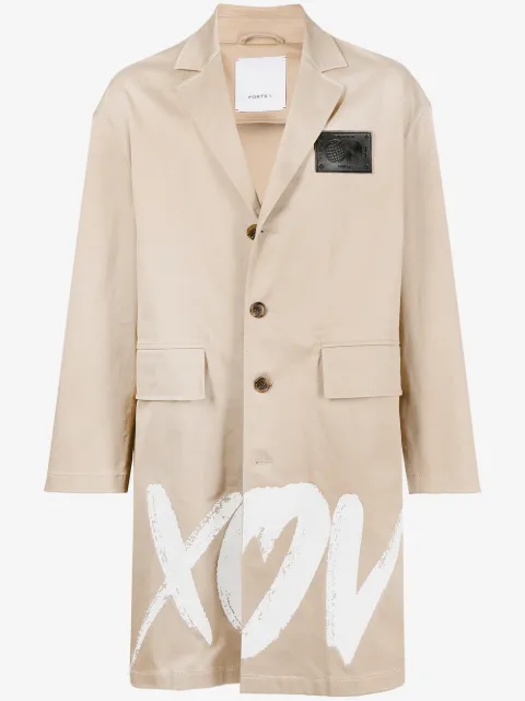 Ports V slogan-print mid-length coat