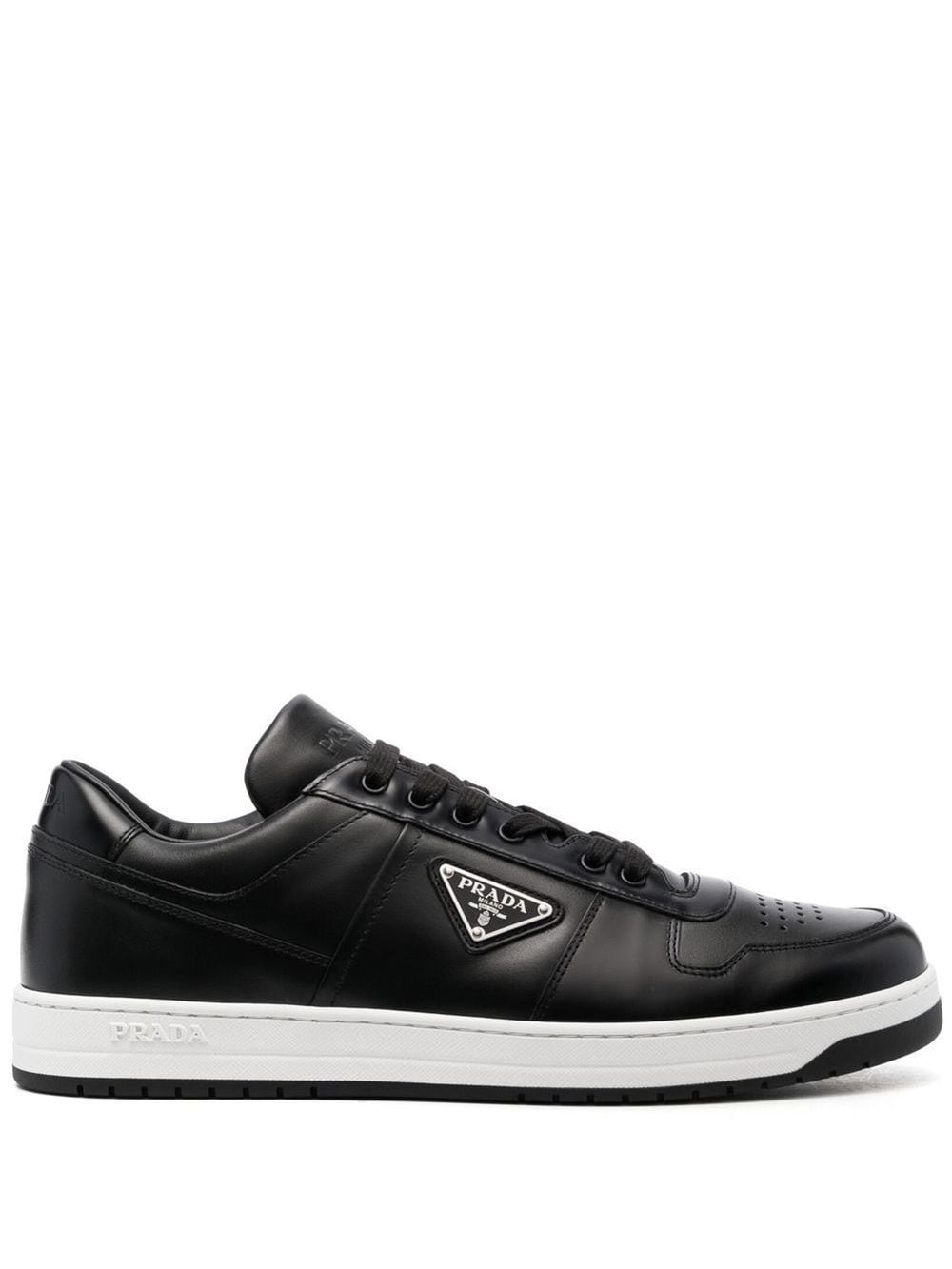 Prada Leather Sneakers With Perforated Toe Cap In Black