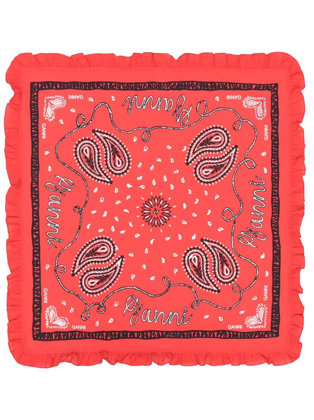 Ganni Graphic-print Frilled-trim Organic-cotton Bandana In Red