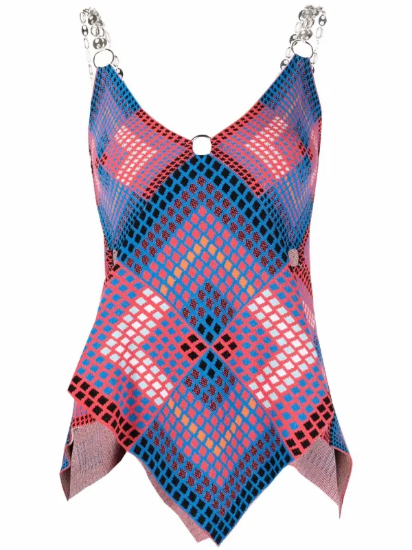 Shop Paco Rabanne geometric-print asymmetric top with Express
