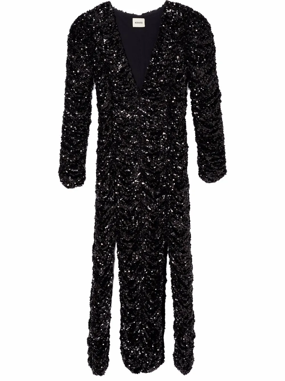 Khaite Lana Plunging Sequin Ruched Midi Dress In Black