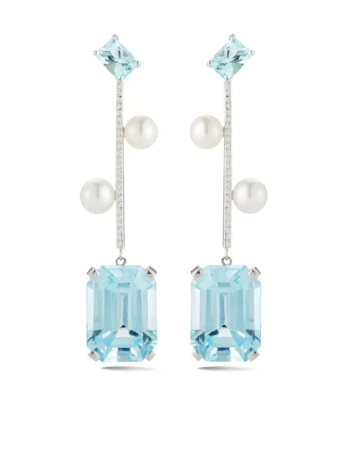 Boucles d'oreilles en or blanc 14ct à ornements d'aigue-marine, topaze et perles - Mateo - Modalova