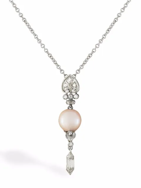 Pragnell Vintage platinum Edwardian pearl and diamond pendant necklace