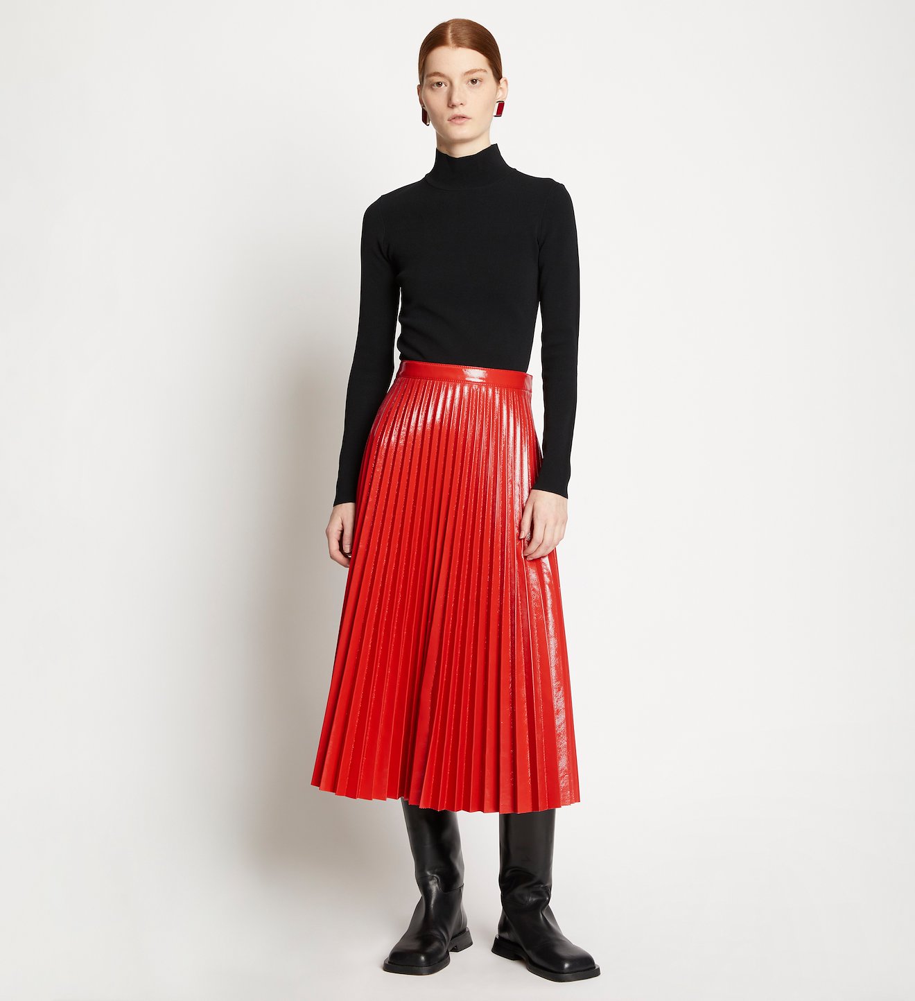 Lacquered Canvas Pleated Midi Skirt
