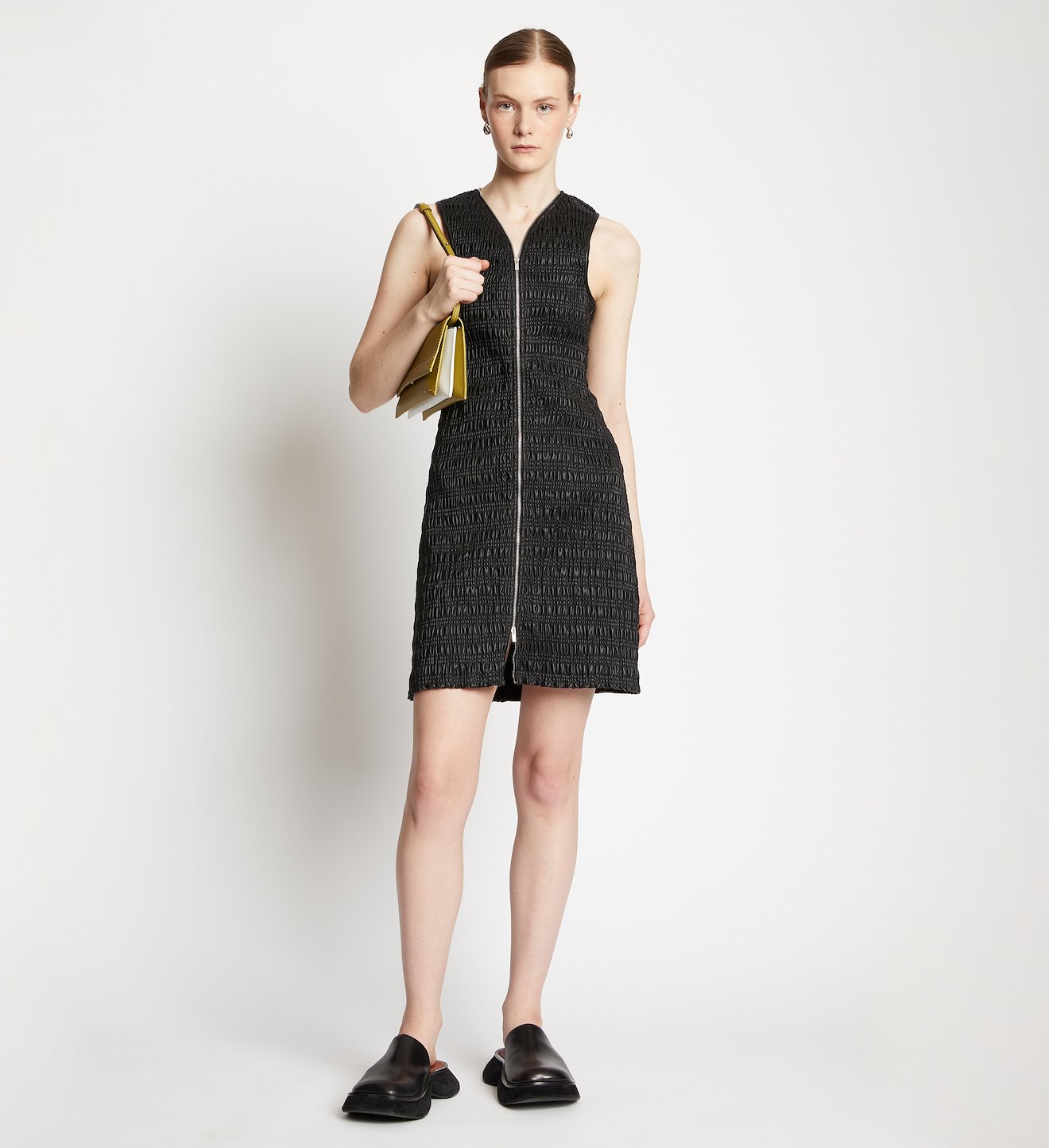 Faux Leather Smocked Zip Dress