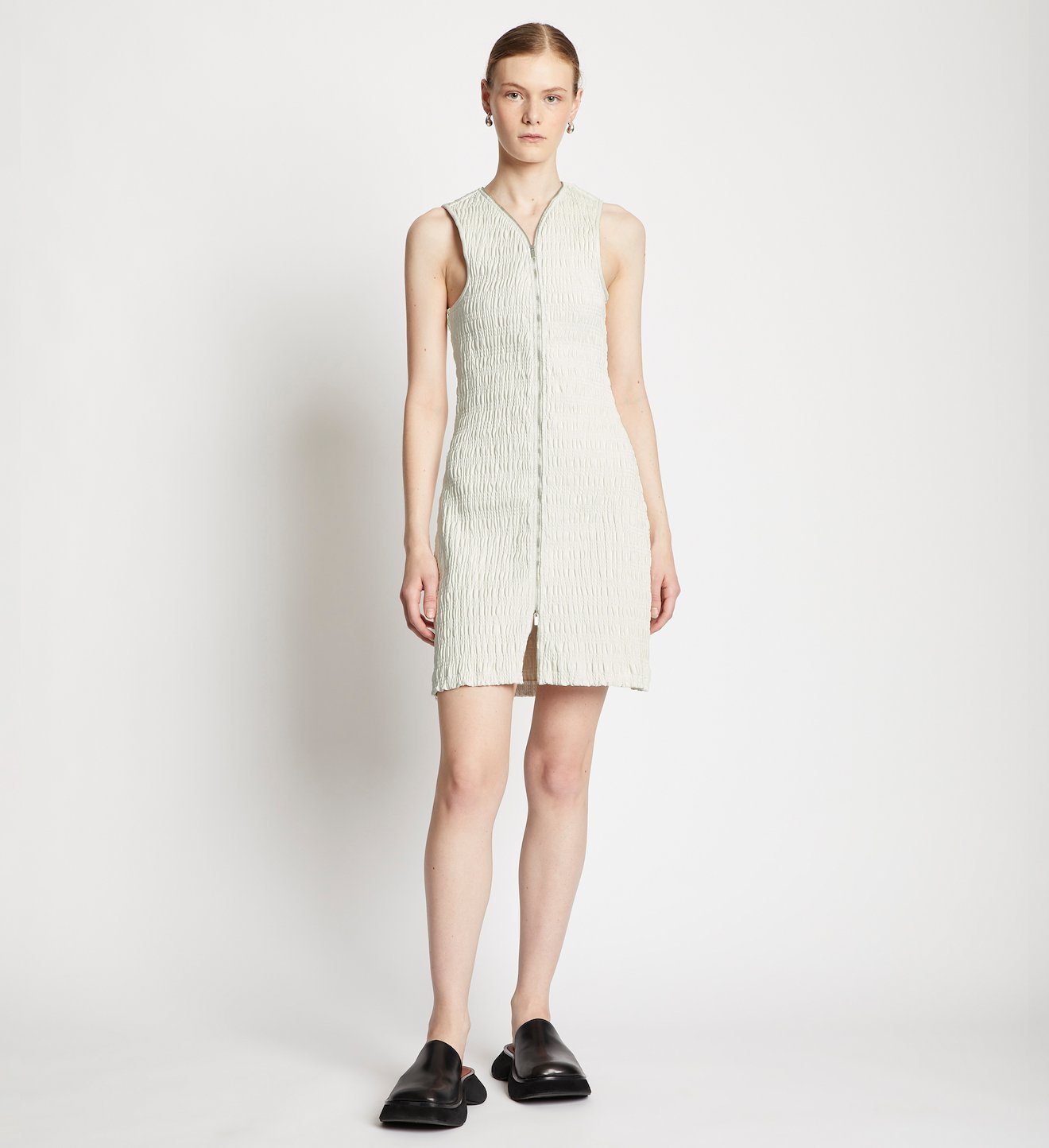 Faux Leather Smocked Zip Dress