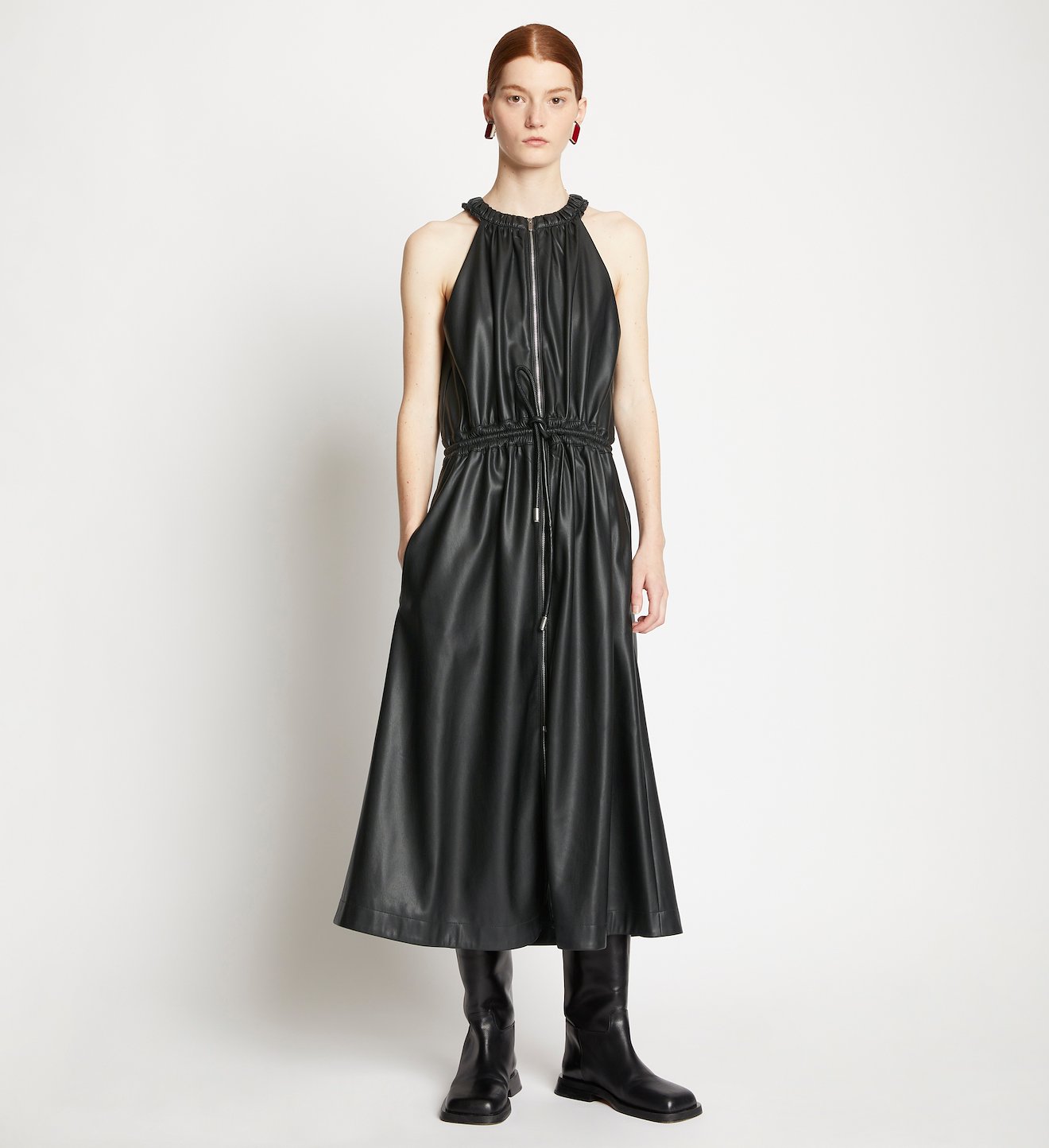 Faux Leather Drawstring Sleeveless Dress