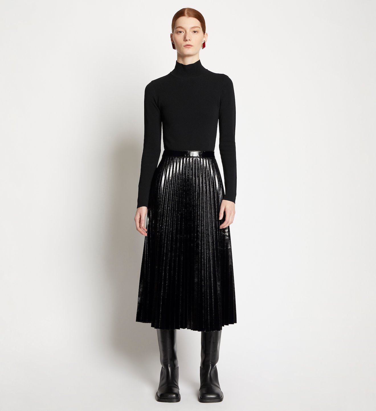 Lacquered Canvas Pleated Midi Skirt