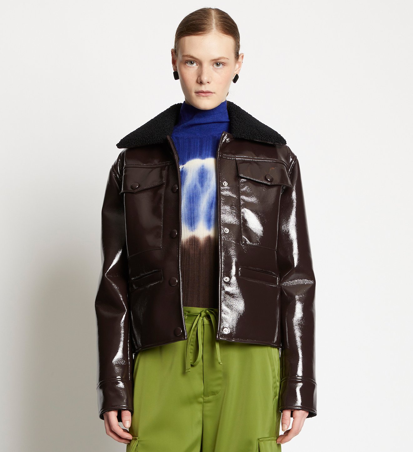 Lacquered Fleece Collar Jacket