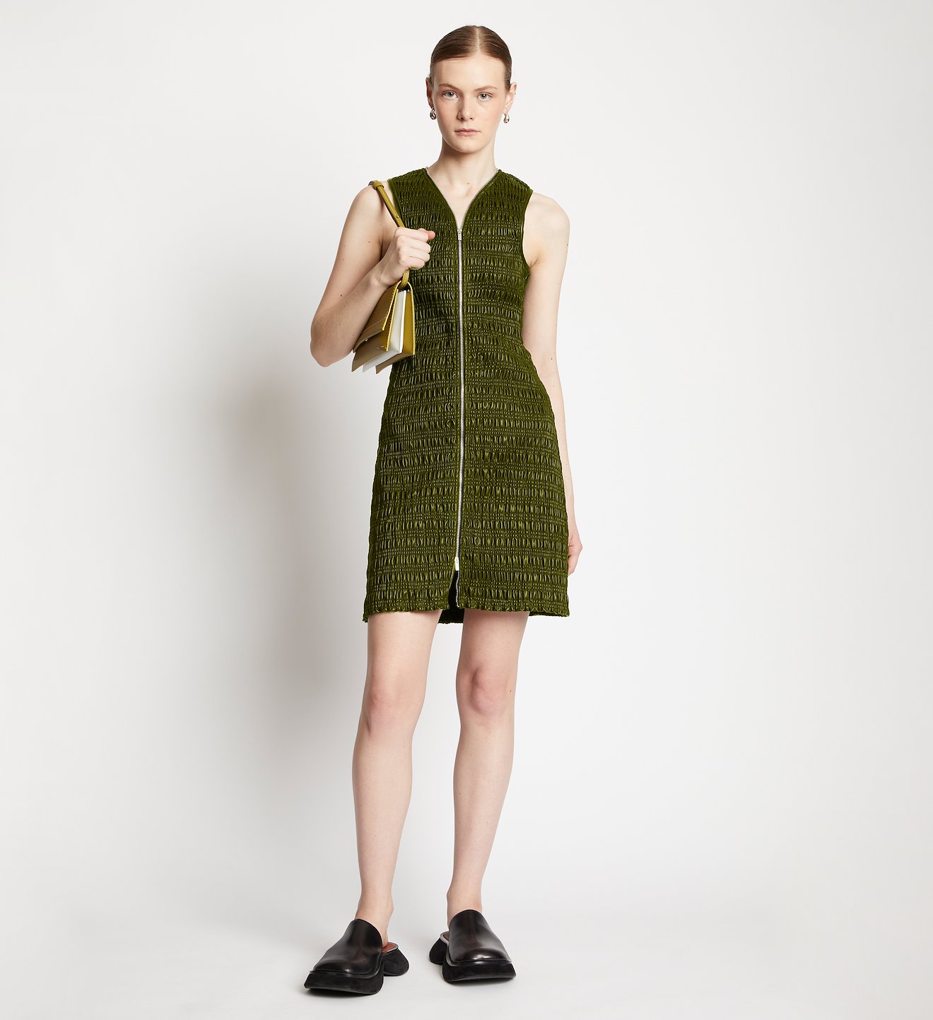 Faux Leather Smocked Zip Dress