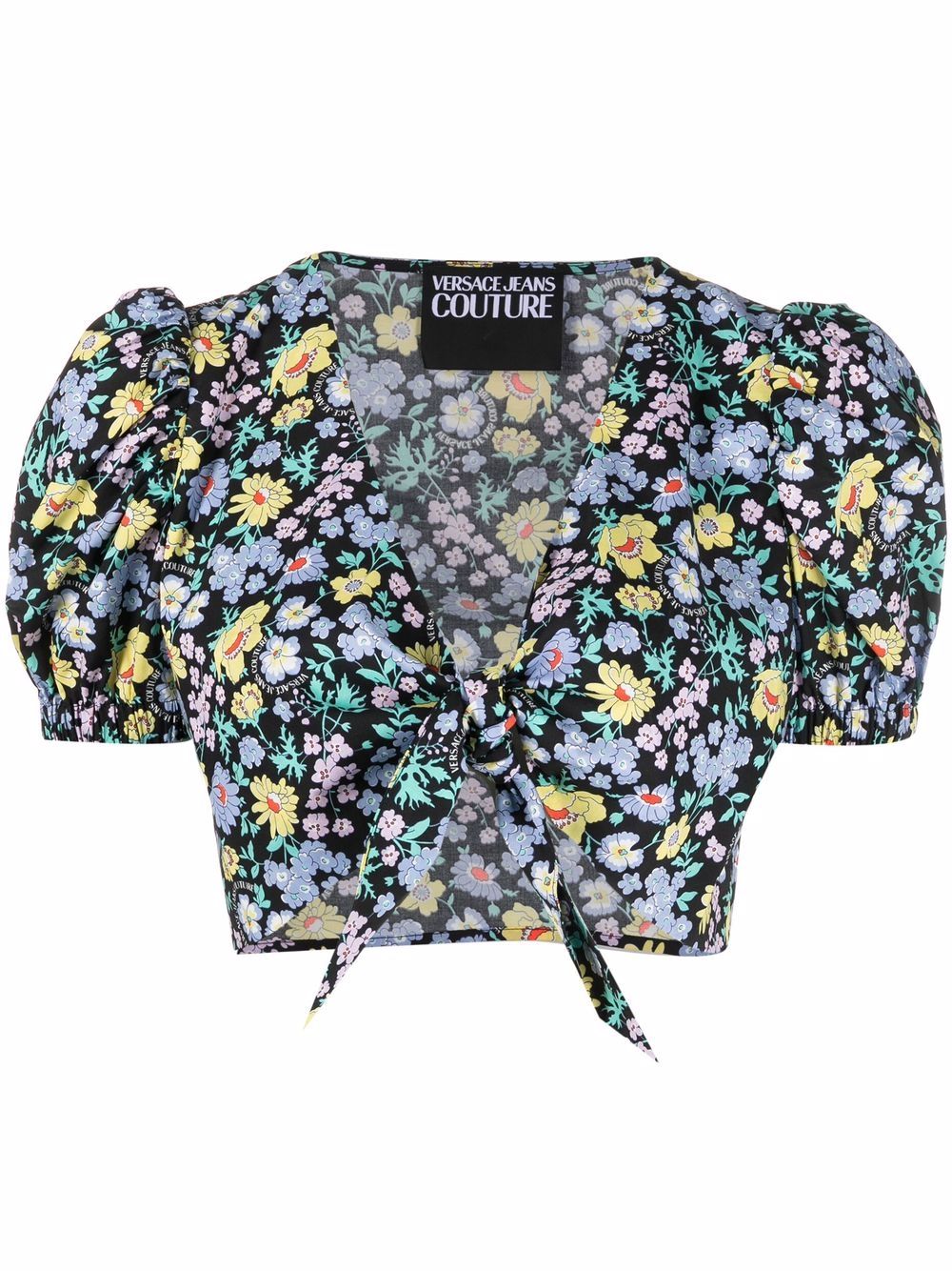 Versace Jeans Couture black & yellow floral-print crop top for women ...