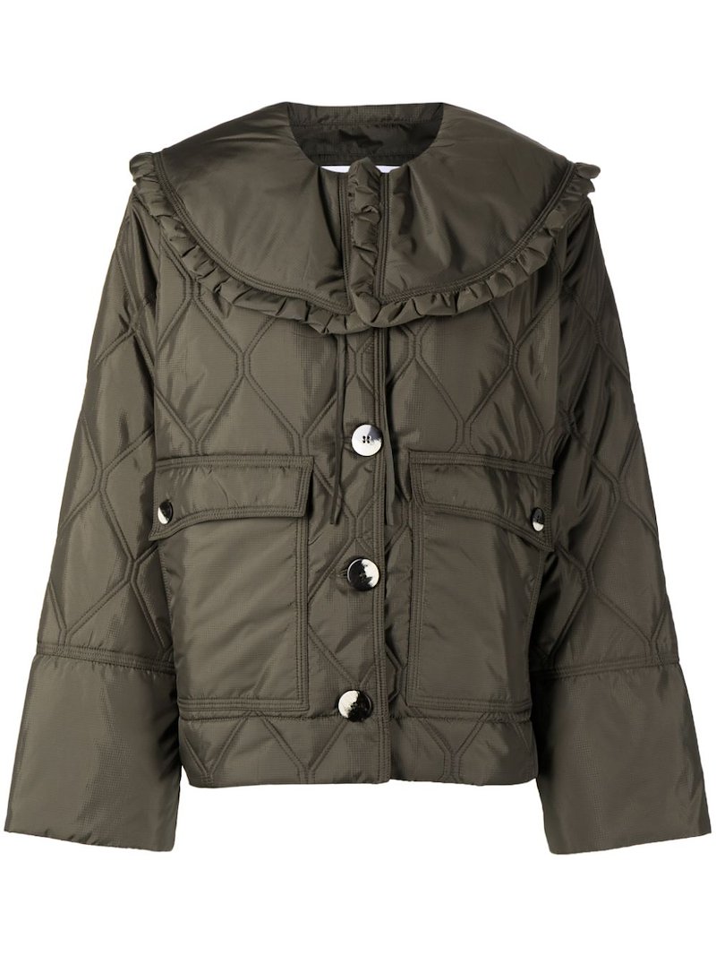 GANNI detachable-collar quilted jacket green | MODES