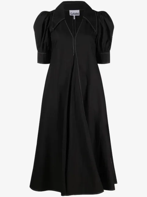 GANNI puff-sleeved box-pleat dress