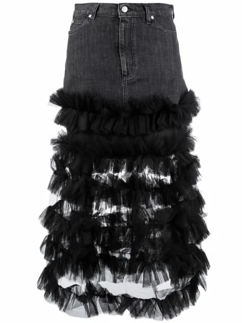 RED Valentino ruffle tulle-trim denim A-line skirt