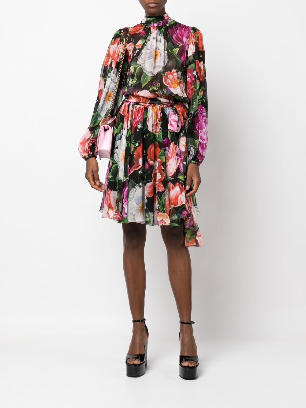 Dolce Floral-print Silk-chiffon Dress In Nero |