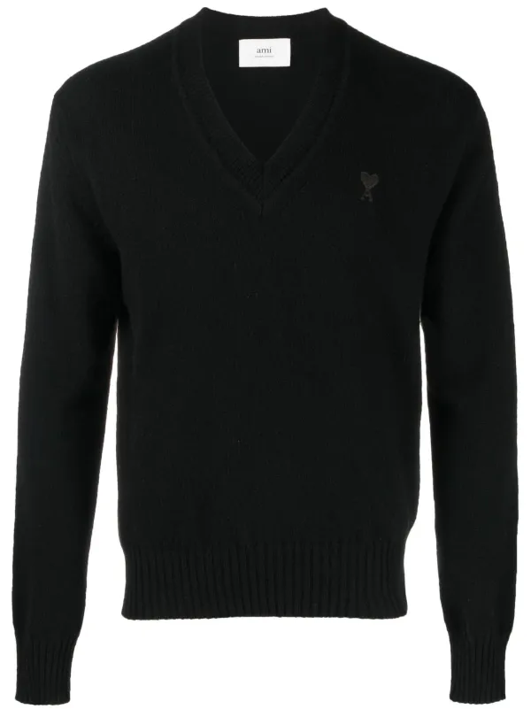 AMI Paris V-neck Knitted Jumper Black FARFETCH IN
