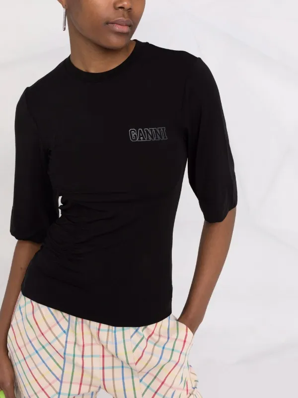 GANNI logo-lettering ruched T-shirt 