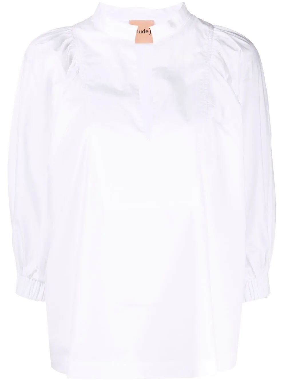 Nude puff-sleeve slit blouse