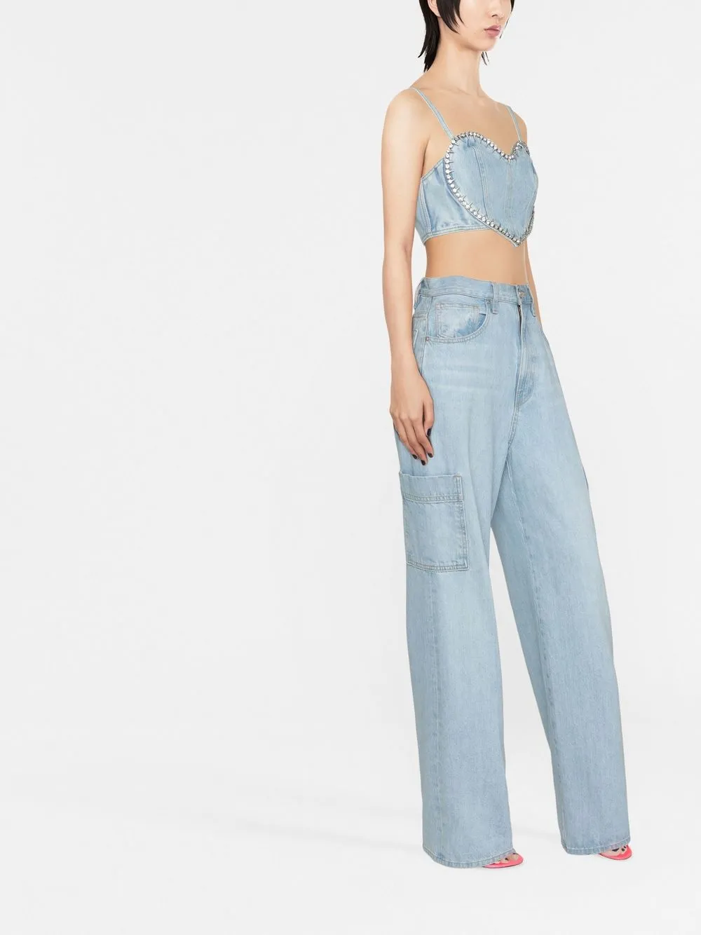 Area Crystal-embellished Denim Crop Top In Blau