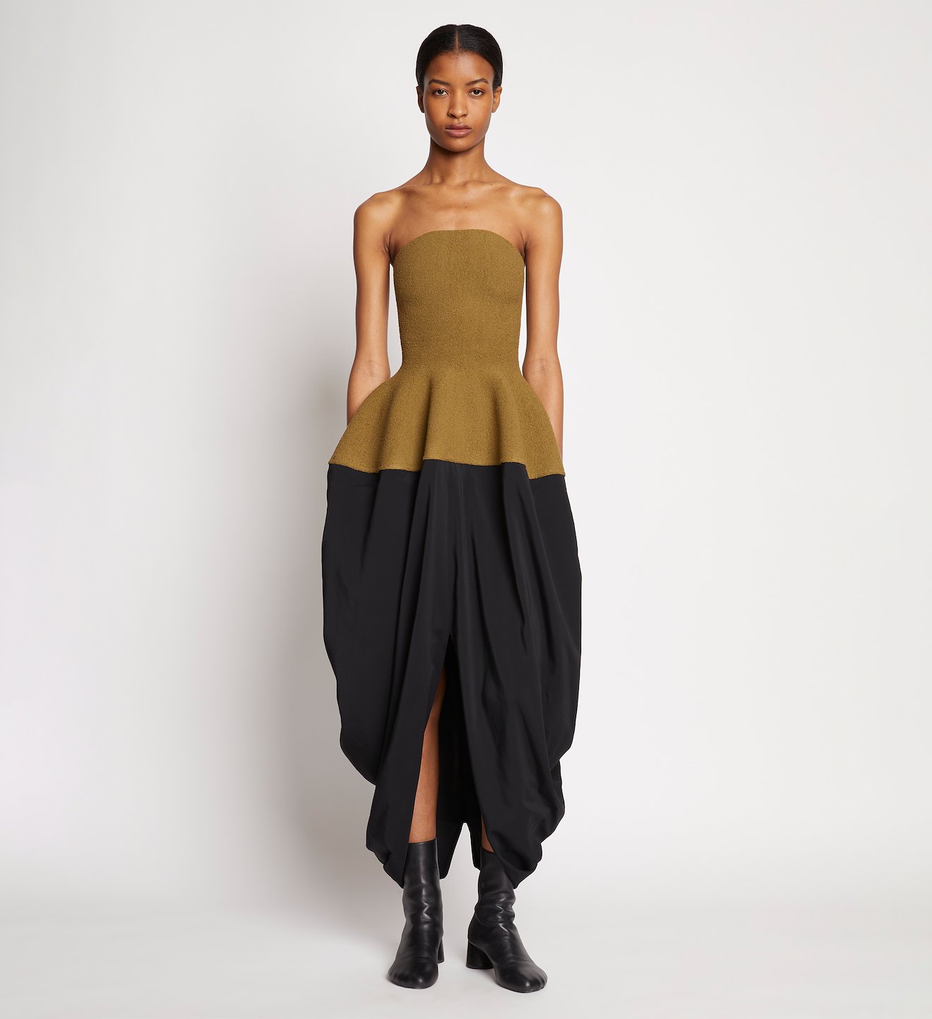 Sculpted Silk Boucle Strapless Knit Dress