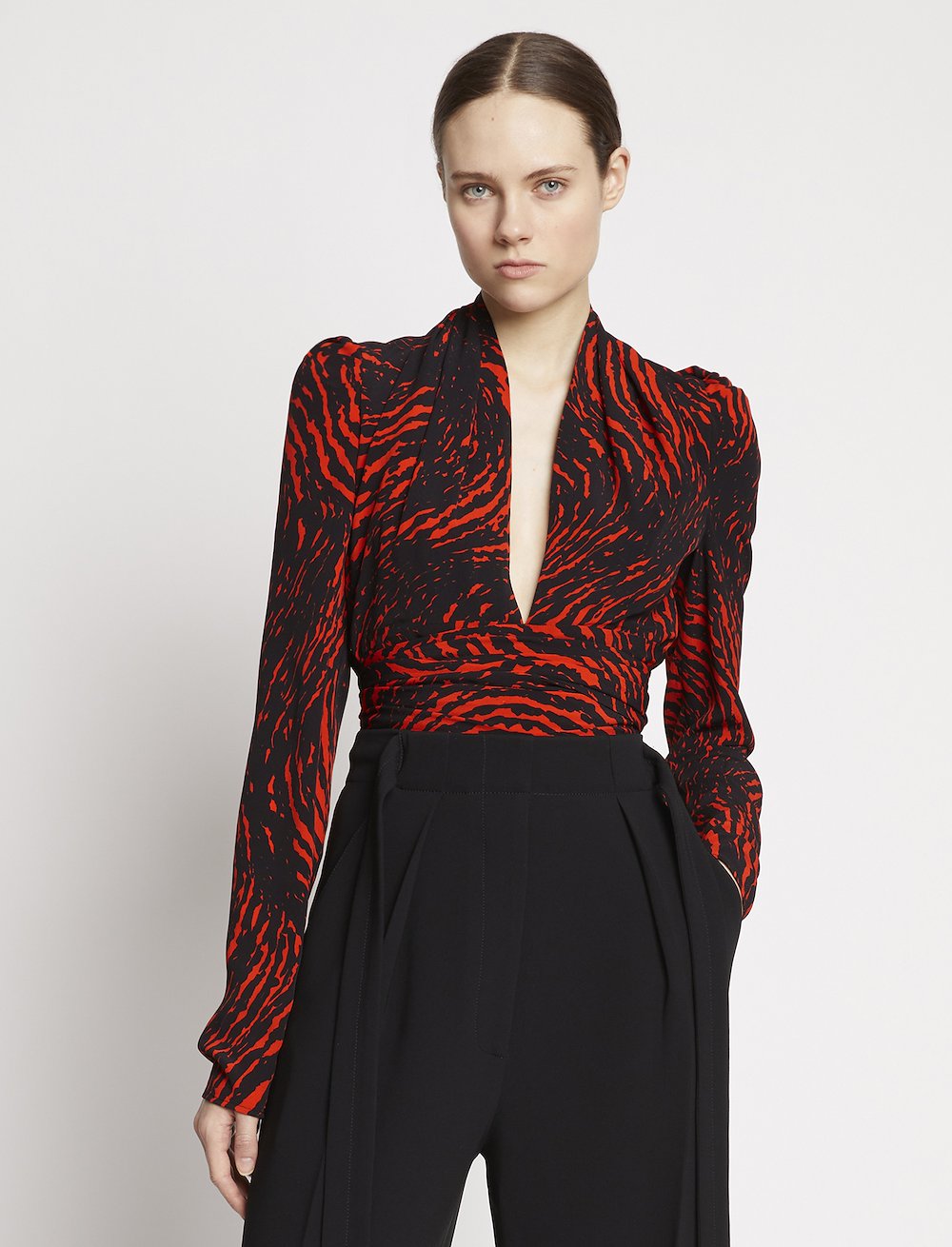 Painted Spiral Crepe de Chine V-Neck Top