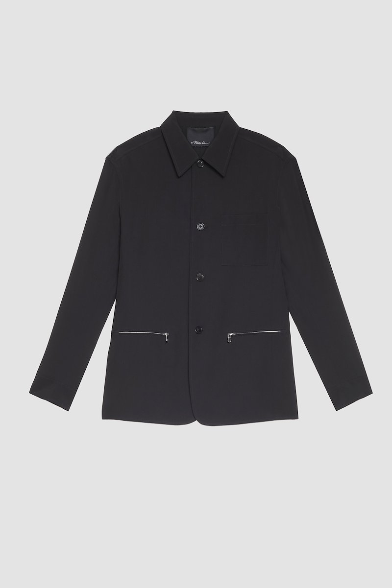Wool Blend Coach Jacket-black #1 Wool Blend Coach Jacket, single-breasted wool-blend jacket from 3.1 PHILLIP LIM featuring black, wool blend, front button fastening, spread collar, long sleeves and front zip fastening pockets.- 5