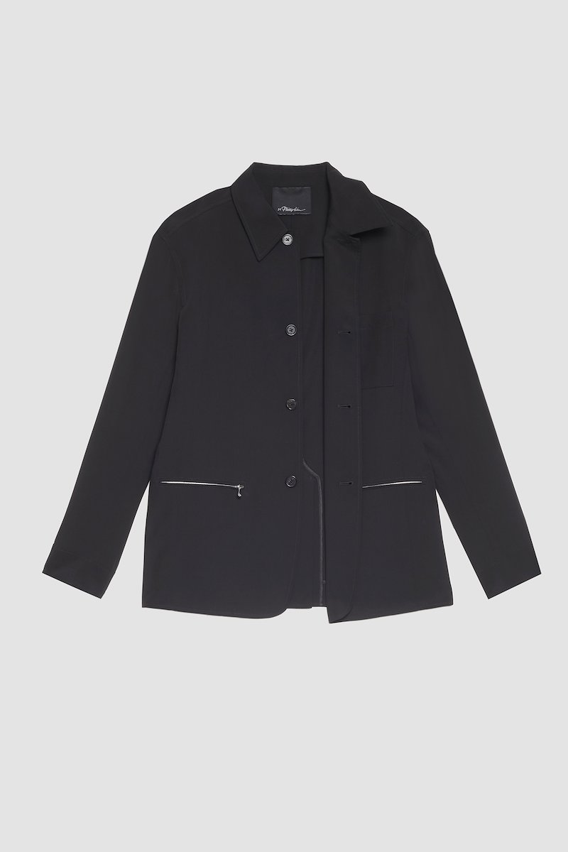 Wool Blend Coach Jacket-black #1 Wool Blend Coach Jacket, single-breasted wool-blend jacket from 3.1 PHILLIP LIM featuring black, wool blend, front button fastening, spread collar, long sleeves and front zip fastening pockets.- 7