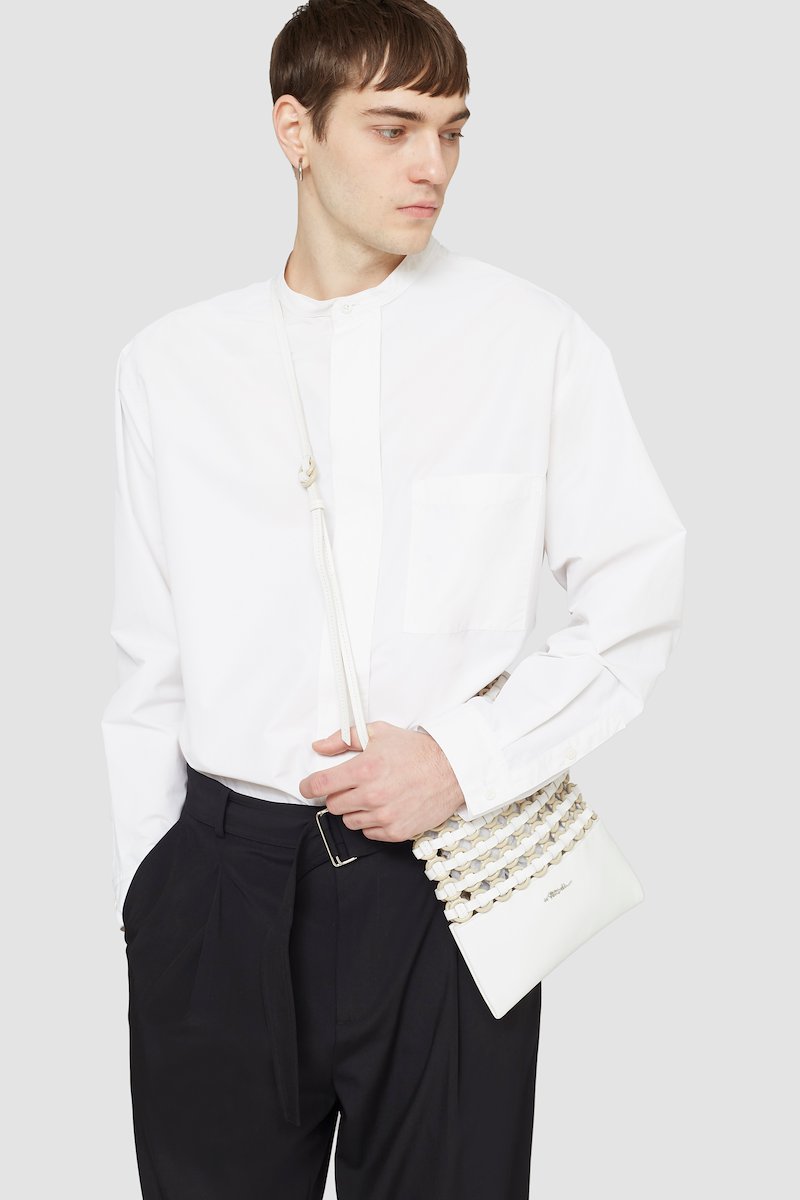 Band Collar Shirt-white #0 Band Collar Shirt, band-collar shirt from 3.1 PHILLIP LIM featuring white, cotton blend, poplin weave, band collar, front button fastening, chest patch pocket, long sleeves and buttoned cuffs.- 4