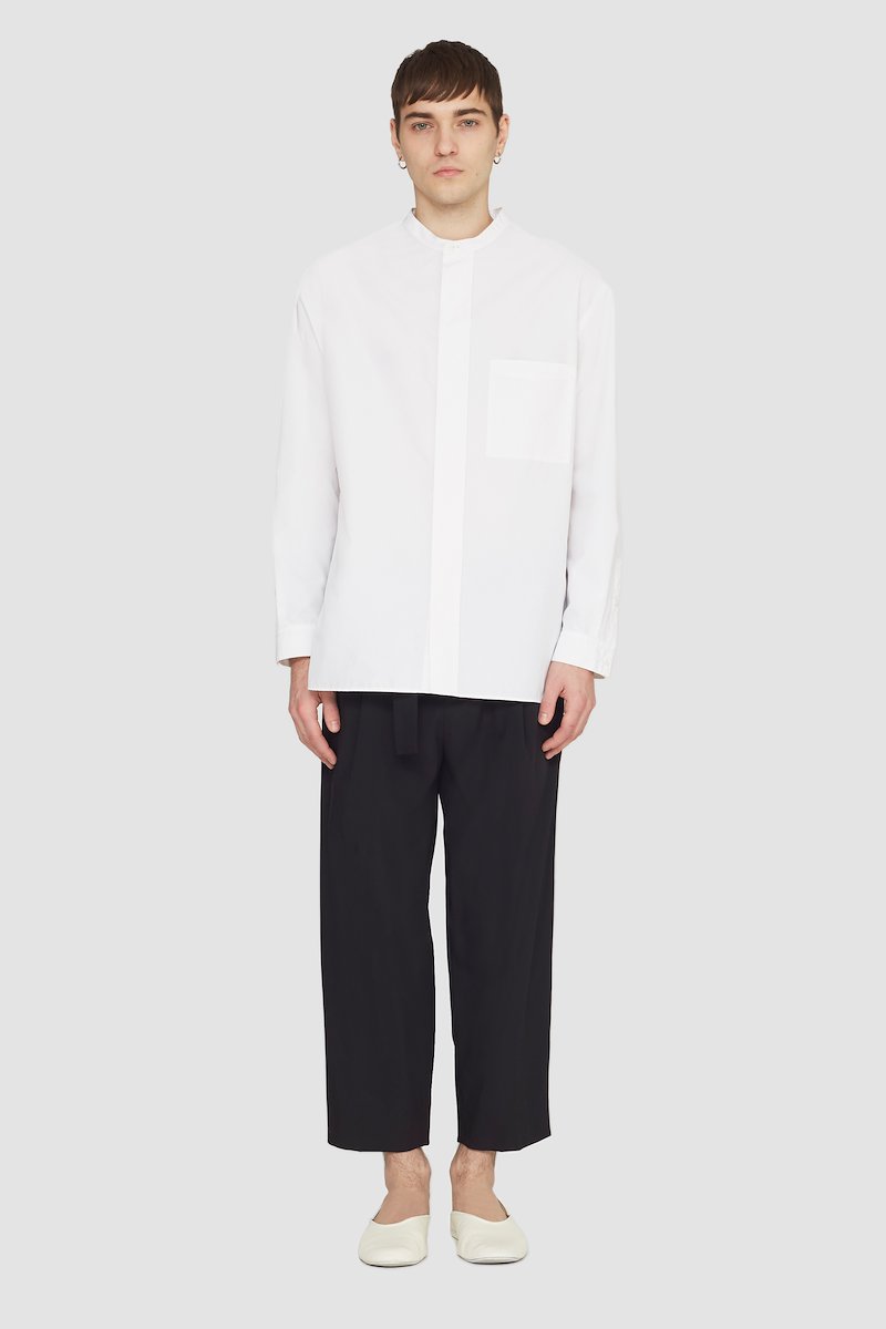 Band Collar Shirt, band-collar shirt from 3.1 PHILLIP LIM featuring white, cotton blend, poplin weave, band collar, front button fastening, chest patch pocket, long sleeves and buttoned cuffs.- 1