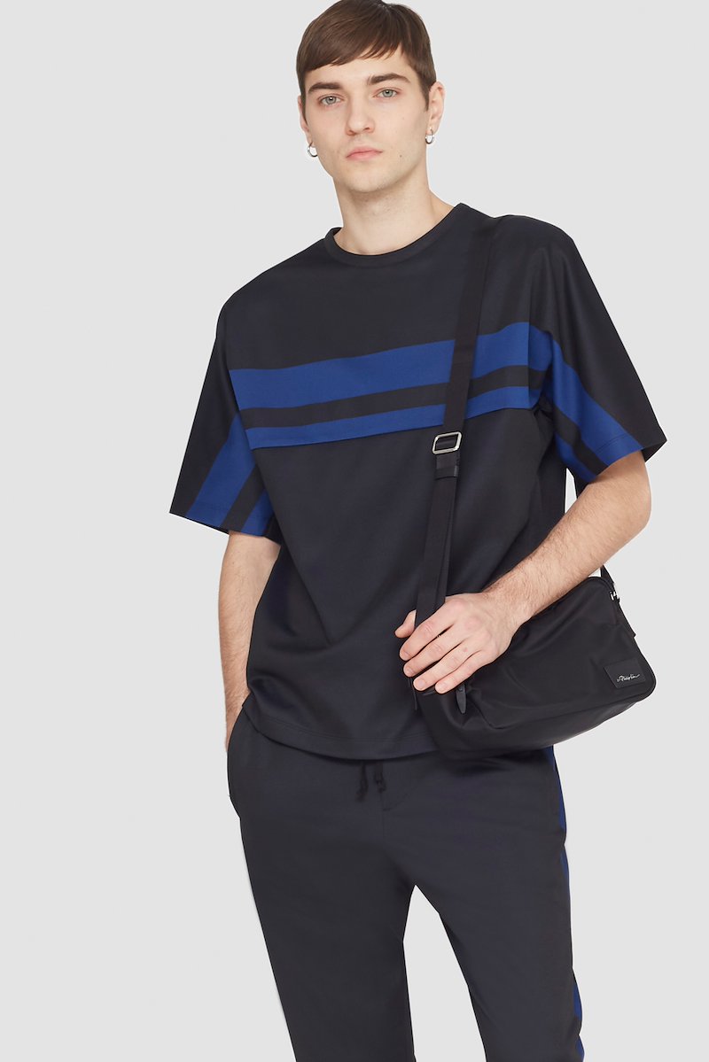 Short Sleeve Stripe Ponte T-Shirt-black #0 Short Sleeve Stripe Ponte T-Shirt, striped crew-neck T-shirt from 3.1 PHILLIP LIM featuring black, jersey knit, bright stripe print, crew neck and short sleeves.- 4