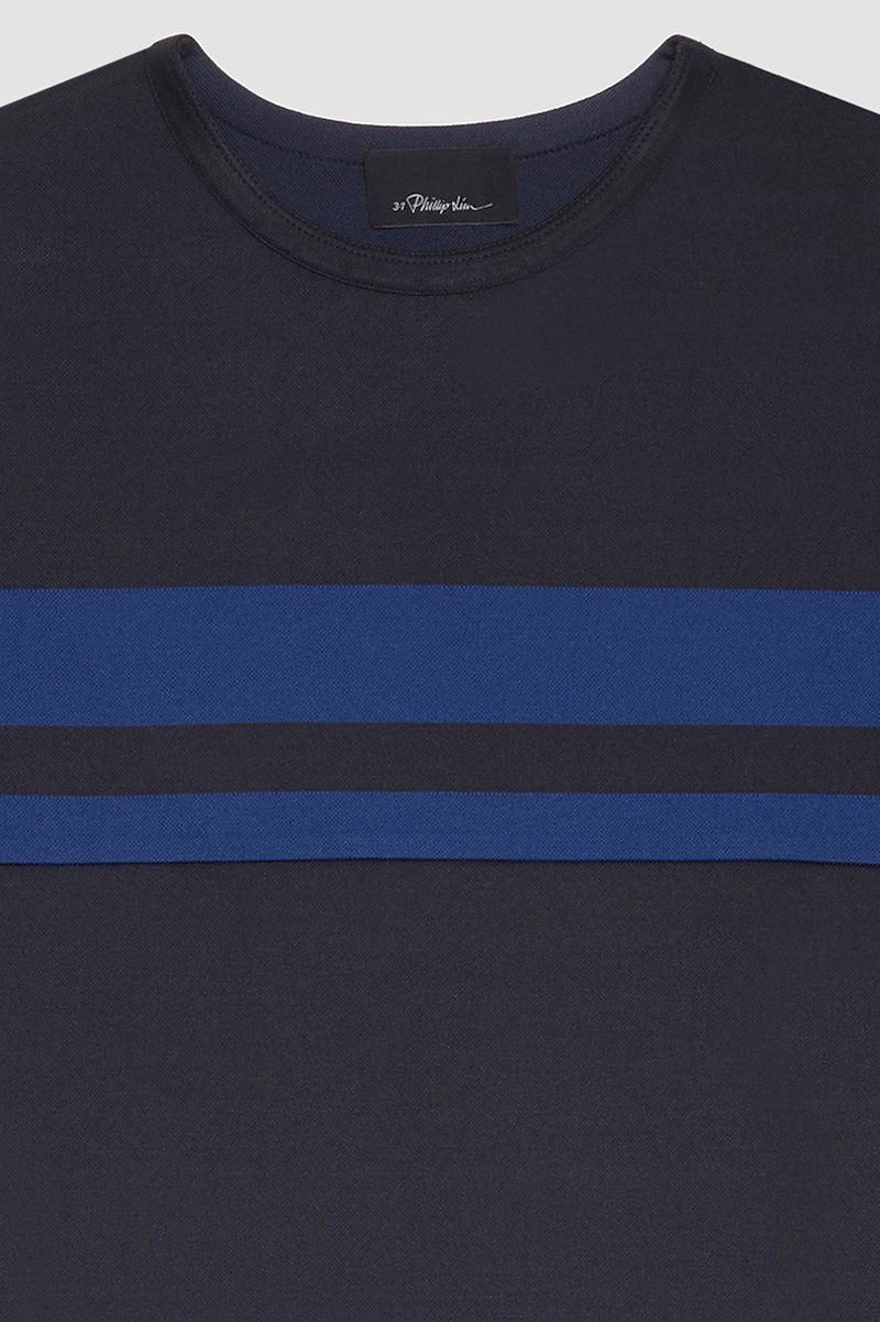 Short Sleeve Stripe Ponte T-Shirt-black #1 Short Sleeve Stripe Ponte T-Shirt, striped crew-neck T-shirt from 3.1 PHILLIP LIM featuring black, jersey knit, bright stripe print, crew neck and short sleeves.- 9