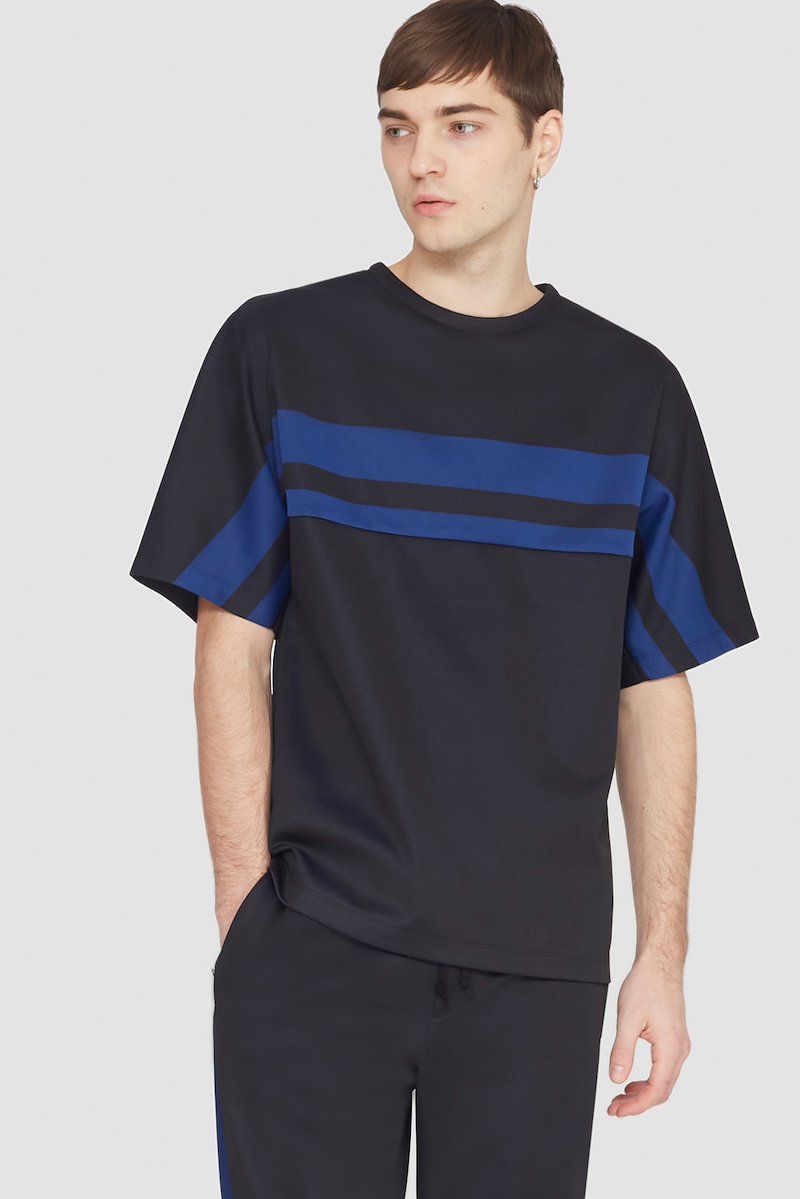 Short Sleeve Stripe Ponte T-Shirt-black #1 Short Sleeve Stripe Ponte T-Shirt, striped crew-neck T-shirt from 3.1 PHILLIP LIM featuring black, jersey knit, bright stripe print, crew neck and short sleeves.- 5