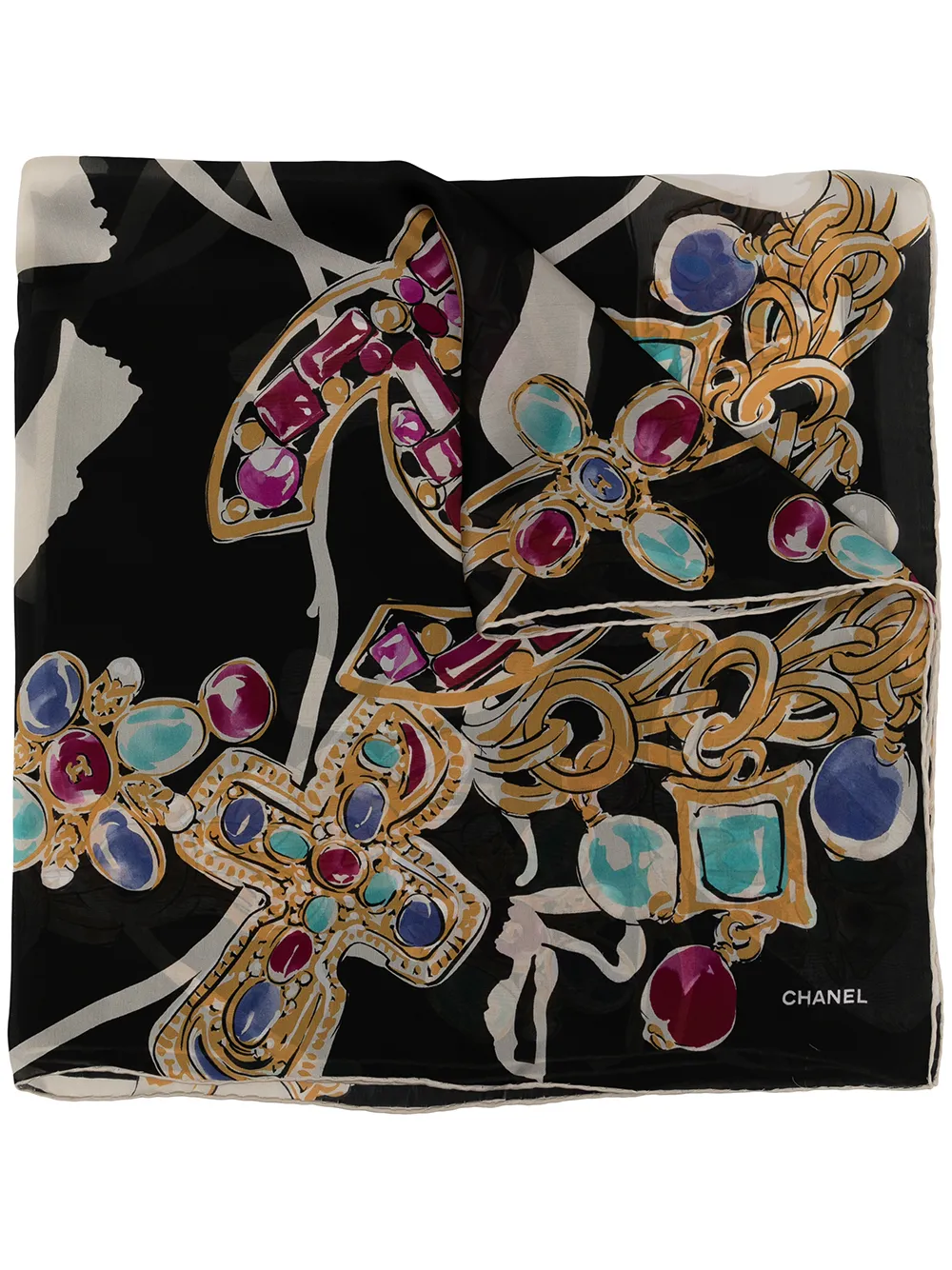Pre-owned Chanel Jewellery-print Silk Scarf In Black