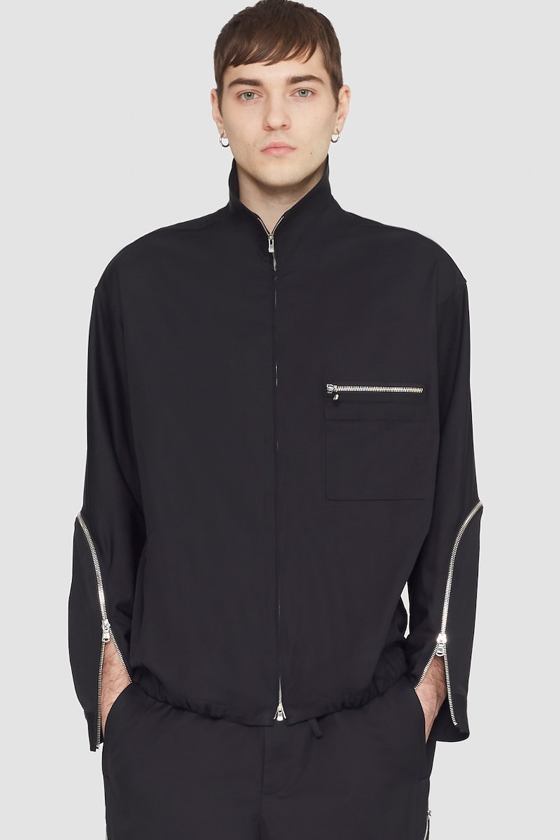 Blouson Shirt Jacket-black #0 Blouson Shirt Jacket, curve-zip windbreaker from 3.1 PHILLIP LIM featuring black, cotton blend, zip details, high neck, front zip fastening, long sleeves, zip-fastening chest pocket, two side zip-fastening pockets and elasticated hem.- 4