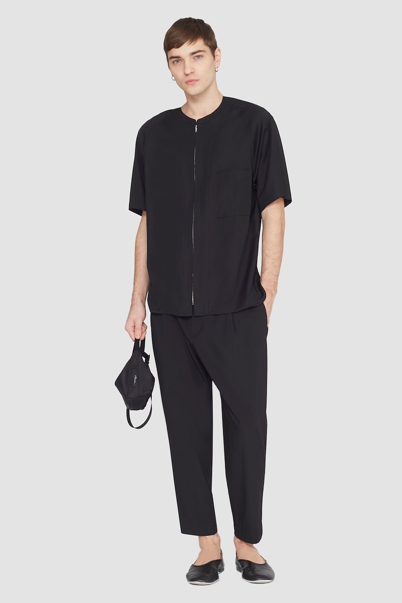 Short Sleeve Zip-Front Baseball Shirt-black #0 Short Sleeve Zip-Front Baseball Shirt, zipped baseball shirt from 3.1 PHILLIP LIM featuring black, cotton blend, collarless, front zip fastening, short sleeves, chest patch pocket and straight hem.- 0