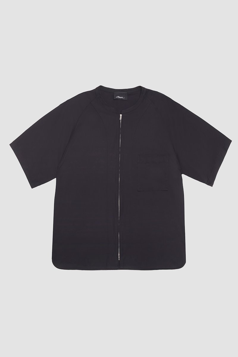 Short Sleeve Zip-Front Baseball Shirt-black #0 Short Sleeve Zip-Front Baseball Shirt, zipped baseball shirt from 3.1 PHILLIP LIM featuring black, cotton blend, collarless, front zip fastening, short sleeves, chest patch pocket and straight hem.- 6