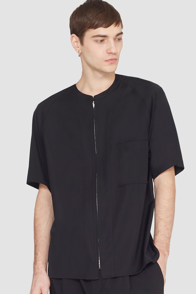 Short Sleeve Zip-Front Baseball Shirt-black #1 Short Sleeve Zip-Front Baseball Shirt, zipped baseball shirt from 3.1 PHILLIP LIM featuring black, cotton blend, collarless, front zip fastening, short sleeves, chest patch pocket and straight hem.- 5