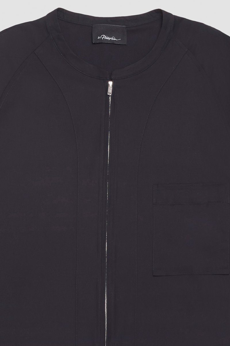 Short Sleeve Zip-Front Baseball Shirt-black #0 Short Sleeve Zip-Front Baseball Shirt, zipped baseball shirt from 3.1 PHILLIP LIM featuring black, cotton blend, collarless, front zip fastening, short sleeves, chest patch pocket and straight hem.- 8