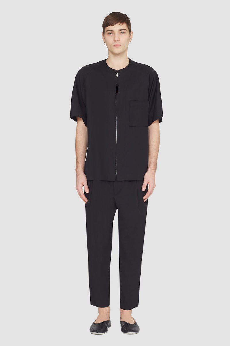 Short Sleeve Zip-Front Baseball Shirt-black #1 Short Sleeve Zip-Front Baseball Shirt, zipped baseball shirt from 3.1 PHILLIP LIM featuring black, cotton blend, collarless, front zip fastening, short sleeves, chest patch pocket and straight hem.- 1