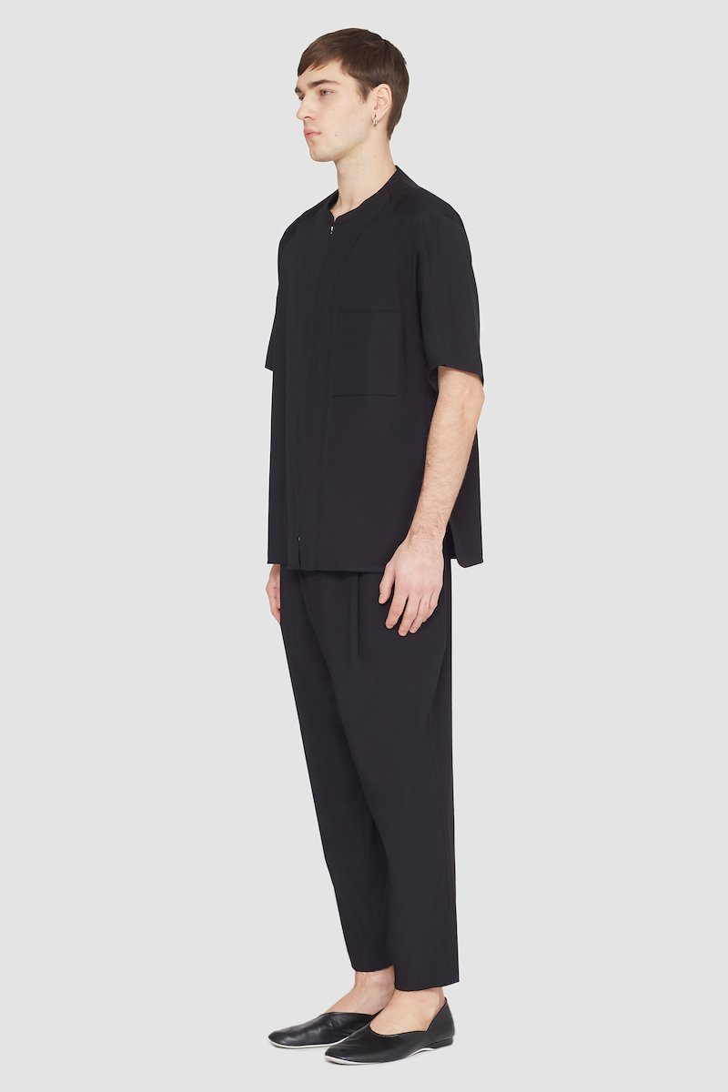 Short Sleeve Zip-Front Baseball Shirt-black #0 Short Sleeve Zip-Front Baseball Shirt, zipped baseball shirt from 3.1 PHILLIP LIM featuring black, cotton blend, collarless, front zip fastening, short sleeves, chest patch pocket and straight hem.- 2